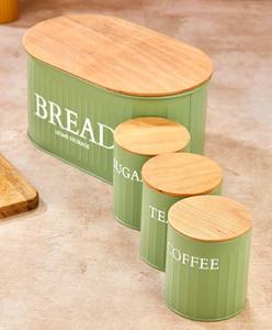 ชุดกล่องขนมปังโลหะสีเขียวพร้อมกล่องใส่น้ำตาลชากาแฟแบบสุญญากาศและฝาไม้สำหรับการจัดเก็บในห้องครัวที่มีสไตล์และสดใส - Product Image 4