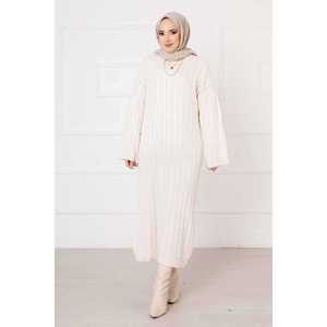 Robe longue décontractée d'été en tricot tressé écru, coupe crayon droite, technique crochetée, style soirée sexy, motif rayé, ODM - Product Image 3