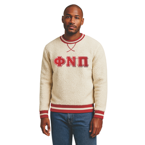 Felpa Girocollo Neutra in Sherpa Morbido con Lettere Phi Nu Pi Kappa Alpha Psi in Patch di Ciniglia e Bordatura Rossa in Maglia Abbigliamento Greco - Product Image 1