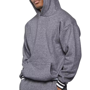 Pulls à capuche courts à épaules tombantes Vente en gros de sweats à capuche épais en éponge française avec manchette et ourlet rayés - Product Image 2