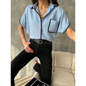 Camisa Blusa Casual de Lino y Algodón con Costuras en Contraste Azul para Mujer - Blusa de Manga Larga de Color Sólido - Product Image 4
