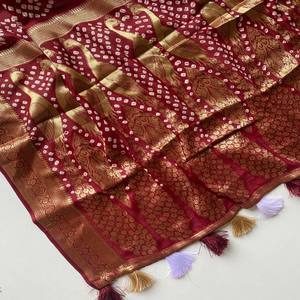 VASTRA COTTAGE Pure Viscose Dola Silk Saree with Tie Dye Bandhani All Over Aari Mirror Work and Rich Gold Zari Woven Pallu - Product Image 2