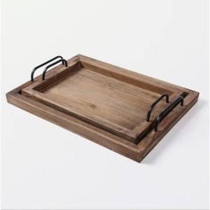 Plateau tendance d'utilisations de restaurant d'hôtel à la maison plateau de service en bois d'acacia sain de restauration rapide simple de couleur naturelle avec les poignées noires en métal - Product Image 4