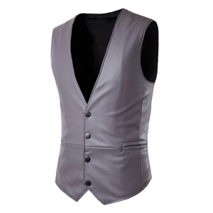 Men's PU Leather <b>Vests</b> V-Neck Single Breasted Solid Color Casual Outer Wear With Button Closure Men's Leather <b>Vest</b> Waistcoats - Product Image 2