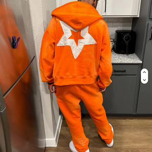 Chándal completo de invierno de talla grande de algodón grueso personalizado lavado ácido con capucha cremallera bordado apliques parche chándal para hombres - Product Image 6