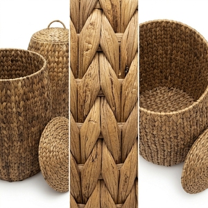 Ensemble de paniers de rangement en jacinthe d'eau naturelle, panier à linge cylindrique tressé avec couvercle assorti et poignée en arche, décoration artistique pour la maison - Product Image 2