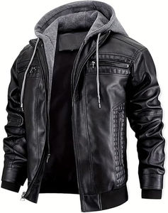 New <b>Men's</b> Faux Leather <b>Jacket</b> Motorcycle Biker <b>Jackets</b> Waterproof Windproof Genuine Leather <b>Jacket</b> <b>with</b> Removable <b>Hood</b> - Product Image 2