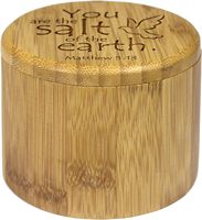 Boîte à sel en bois de manguier avec couvercle magnétique pivotant, capacité de 6 onces, gravée avec la phrase « Vous êtes le sel de la terre Matthieu 5:13 »