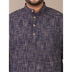 Amanush <b>Men's</b> Plus Size Navy Blue Plaid Mandarin Collar Casual Shirt Full Sleeve Regular Fit 100% Cotton Autumn Wear - Product Image 2