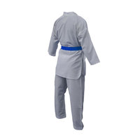 Uniforme de Taekwondo de style populaire, couleur grise avec ceinture bleue, coton et polyester, prix bas, uniforme de Taekwondo pour adultes