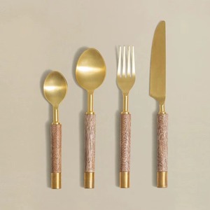 Couverts en acier inoxydable poli miroir or poignées en marbre ensemble de 4 fourchette cuillère couteau meilleurs produits de qualité aux prix de gros - Product Image 1