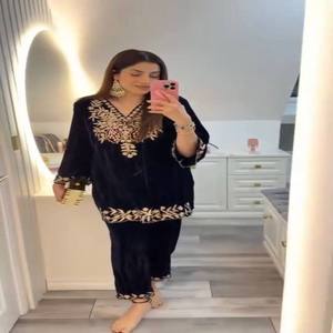 Velvet winter 2 piece co ord set with <b>sequence</b> embroidery <b>top</b> and plazo premium velvet coord set <b>for</b> <b>women</b> Casual Party Wear - Product Image 1