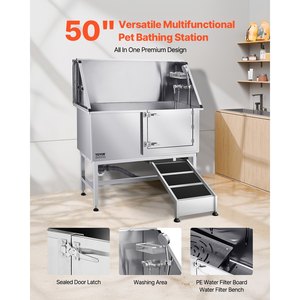 Baignoire de toilettage pour animaux de compagnie VEVOR en acier inoxydable argenté, 50 pouces, avec rampe, panneau filtrant d'eau en PE, robinet, pommeau de douche, distributeur de savon, capacité 330 lb/150 kg - Product Image 2