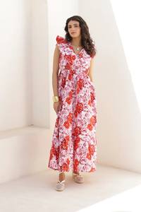 แม็กซี่ยาวลำลองสำหรับผู้หญิงเสื้อผ้าฝ้ายลายดอกไม้สีแดง, เสื้อผ้าแนวสตรีทผ้าคอตตอน100% ๆซักได้ - Product Image 2