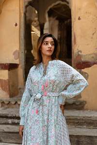 Haut de gamme femmes élégante longue robe coton simple boutonnage imprimé XL taille cou taille haute à manches longues lanterne Style Logo dos - Product Image 2