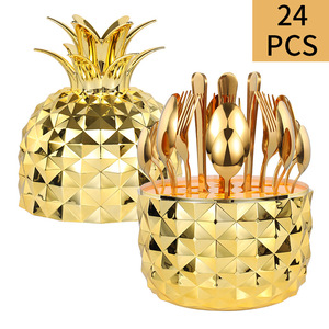 Juego de cubiertos de acero inoxidable de 24 piezas con diseño de piña creativa, cuchillo, tenedor y cuchara, color dorado, para mesa, transfronterizo - Product Image 1