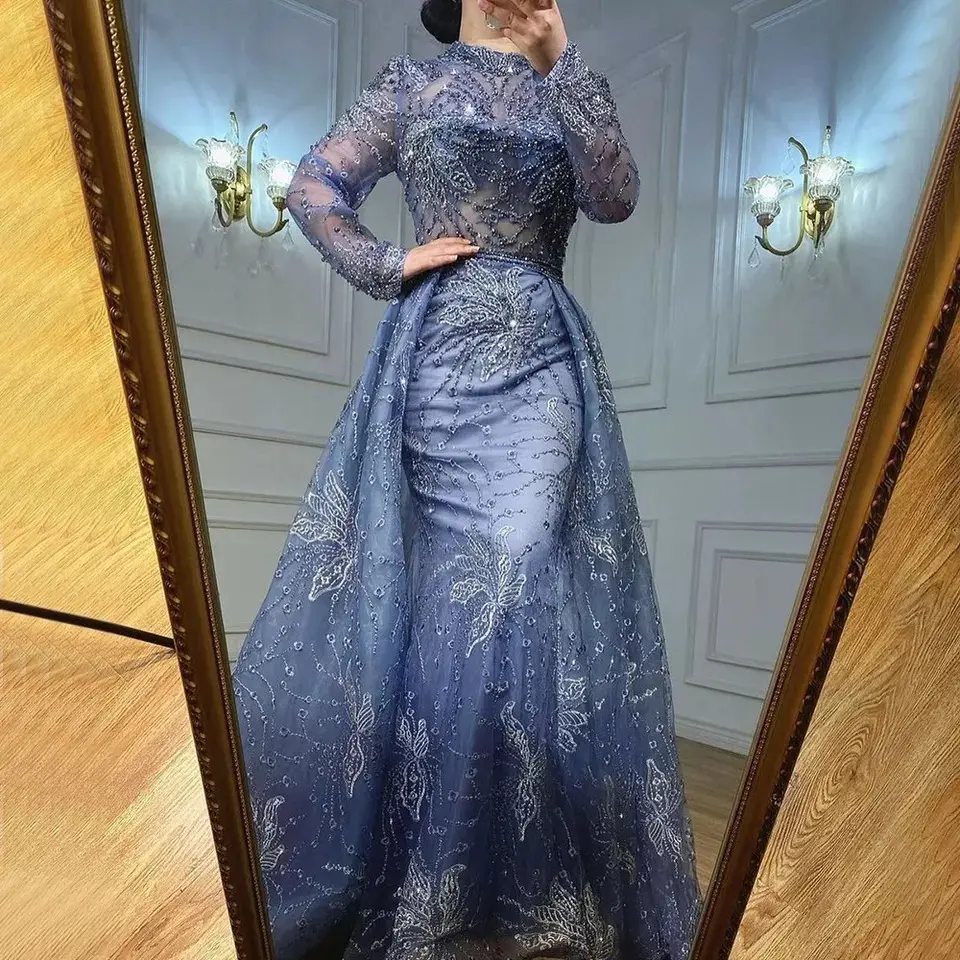 Blue Color High Neck Long Sleeve Beaded Lace A Line Evening Party Dresses For Girls Luxury Prom Gowns