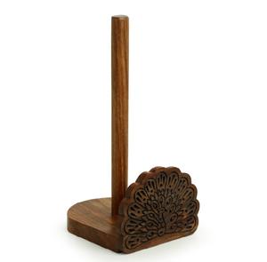 Porte-rouleau de papier de cuisine sculpté à la main en bois de Sesham Le paon dansant Porte-serviettes Distributeur de rouleaux de comptoir pour la cuisine - Product Image 1