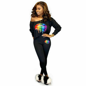 Women <b>Rainbow</b> Lips Print Tracksuit Full Sleeve V-Neck Crop Top & Leggings Set Casual Stretchy Activewear Spring Fashion - Product Image 6
