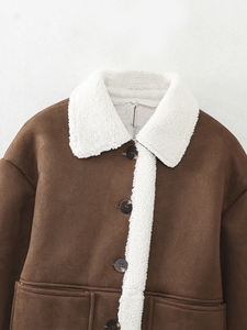 Chaqueta de invierno de moda informal de Color marrón con cuello vuelto de manga larga de un solo pecho para mujer - Product Image 3