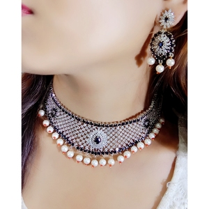 Ensemble de bijoux AD Blue avec Moti Fine Jewelry, bague en cuivre, cristal, strass, zircon, rubis, perle, diamant pour mariage, fiançailles, fête, cadeau - Product Image 1