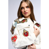 Veste en jean pour femmes tendance avec broches brodées à la main, coton respirant, vêtements d'extérieur vintage personnalisés