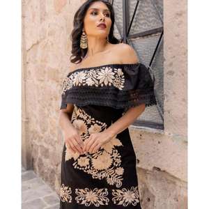 Vestido Maxi Bordado Floral Negro Beige para Mujer, Estilo Étnico Mexicano, Hecho a Mano, Algodón, Cuello en V, Cintura Natural, Tejido Ecológico, Estilo Boho - Product Image 3