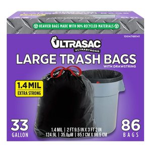 Bolsas de Basura Ultrasac Negras Resistentes con Cordón, 33 Galones, Paquete de 86, 1.4 MIL, 33.5" x 38" - Product Image 1