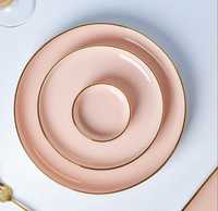 Service de table de luxe 27 pièces en céramique et porcelaine rose poudré avec incrustations dorées, style américain, durable, réutilisable et compatible lave-vaisselle, pour 6 personnes |   Moderne