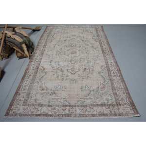 Alfombra turca Vintage de área grande de 5,2x8,5 pies, patrón de retazos marrón Beige, Material de lana, respaldo de látex, estilo Tabriz para adolescentes - Product Image 1