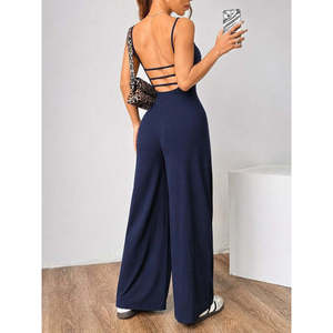 Combinaison en crêpe scintillant à bretelles et dos nu pour femme, coupe ample, 37025 - Bleu marine - Product Image 3
