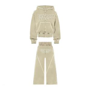 Custom Manufacturer Double Waist <b>Rhinestone</b> <b>Hoodie</b> and Flared Sweatpants Set Baggy Oversized Men Tracksuit - Product Image 6