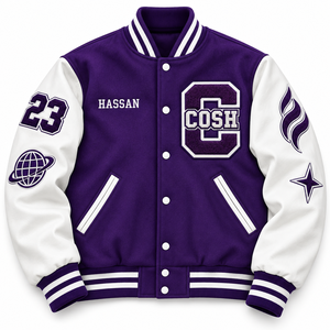 Veste de baseball personnalisée en laine violette et cuir blanc avec broderie de lettres - Product Image 2