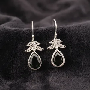 Women’s 925 <b>Sterling</b> <b>Silver</b> Bohemian Drop <b>Earrings</b> Geometric Pattern Green Tourmaline Bezel Set Handmade <b>Dangle</b> <b>Earrings</b> - Product Image 4
