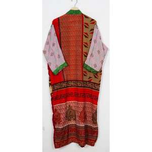 Indian Vintage Style Elegant Recycled Patchwork Sari <b>Kimono</b> Maternity Gown Women's 100% <b>Silk</b> Front V-neck Home Use Beachwear - Product Image 3