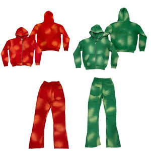 Chaqueta con capucha unisex con cremallera, lavado ácido, teñido liso, logotipo personalizado, ropa urbana, transpirable, conjunto de chándal de dos piezas de forro polar para invierno - Product Image 1