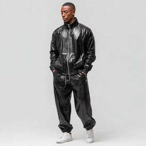 Traje de carga de cuero PU transpirable para hombre, chándal de cuero con bolsillo en el pecho para motorista, traje de cuero de carga a la moda para hombre - Product Image 5