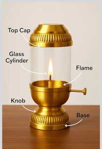 Diya de Latón con Bati Ajustable y Palanca de Rosca, Diseño Art Deco, Cubierta de Vidrio de Borosilicato para Diwali y Puja de Bodas - Product Image 4