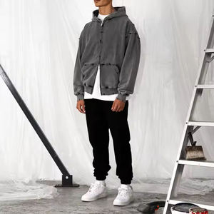 Sudadera con capucha con cremallera sólida lavada con ácido de talla grande para hombre, estampado Digital de estilo informal en algodón y poliéster para invierno - Product Image 2