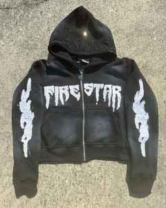 Sweat à capuche brodé en détresse grande taille pull à capuche coton strass poids lourd en gros surdimensionné Streetwear sweats à capuche pour hommes - Product Image 4