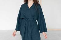 Ensemble en coton et lin pour femme, confortable, bleu, kimono long, culottes à jambes larges, boutons naturels, grande taille, écologique, simple