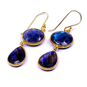 <b>Wedding</b> Wear 925 Sterling Silver <b>Gold</b> Plated Labradorite Gemstone Classic Hanging Ladies Wear Drop Earrings - Product Image 3