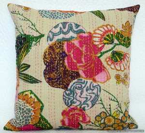 Indian Bohemian Kantha <b>Cushion</b> Cover Handmade Kantha Work Throw Pillow Hand Block <b>Printed</b> <b>Cushions</b> Covers 16X16 inches - Product Image 5