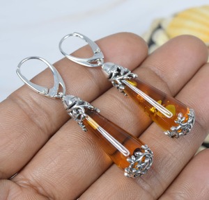 Boucle d'oreille en argent sterling massif 925 ambre baltique naturel serrure russe - Product Image 3