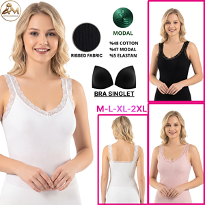Womens Sleeveless <b>Camisole</b> Lace Trim Ribbed Tank Top <b>Built</b> <b>Bra</b> Pad Modal Cotton Vest - Product Image 1