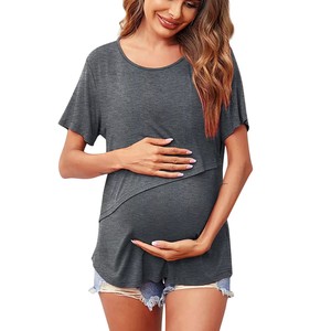 Solid Color Short Sleeve <b>Maternity</b> T-Shirt for Pregnant Women Breathable Nursing Eco-Friendly with Applique Decoration - Product Image 4
