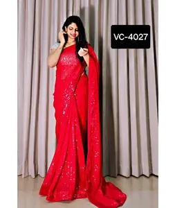 印度和巴基斯坦风格的红色纱丽和镜子工作派对穿着传统纱丽与刺绣工作蕾丝边框衬衫