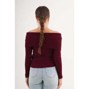 เสื้อสเวตเตอร์ถักคอวีสีแดงเบอร์กันดีสำหรับผู้หญิง ขายส่ง - Product Image 1