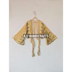 เสื้อครอปผ้าไหมผูกเอวลอยลำลองสำหรับผู้หญิงเสื้อผูกเอวลอยลายดอกไม้ใส่ไปปาร์ตี้ฤดูร้อนเสื้อผูกคอวีแบบย้อนยุครีไซเคิล - Product Image 2