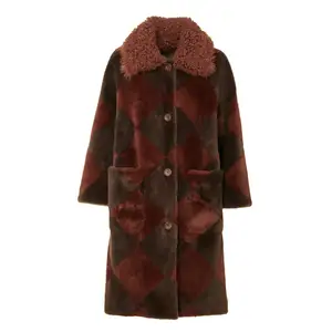 Luxury handmade in Italy reversible women shearling coat with diamond-shaped inlay and big pockets for export